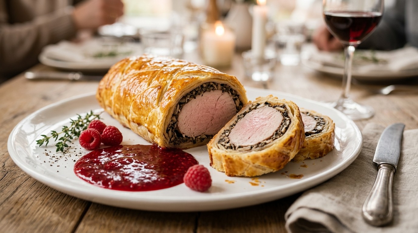 Fricandeau in Bladerdeeg met Frambozensaus