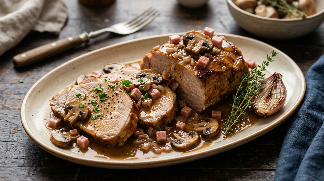 Fricandeau met champignons en hamblokjes