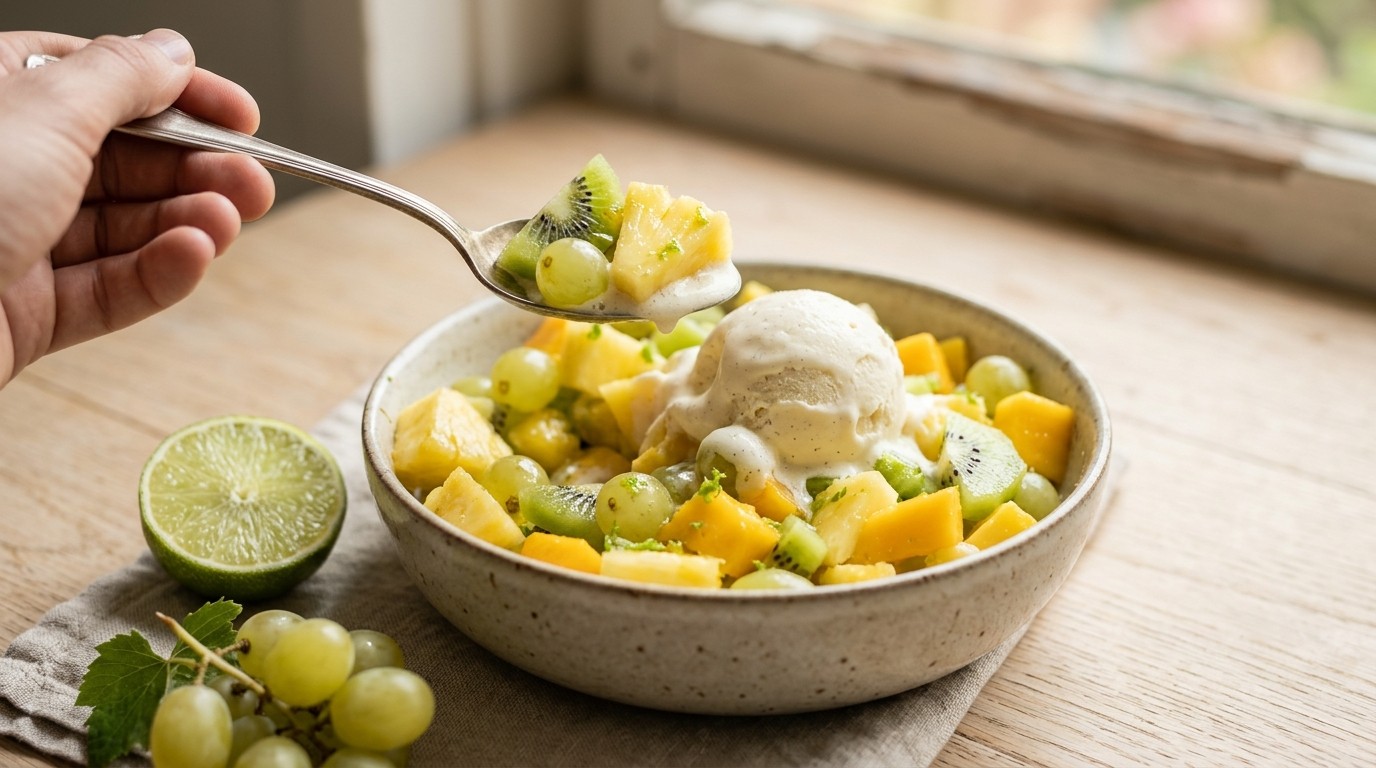 Fruitsalade met een bolletje vanilleijs
