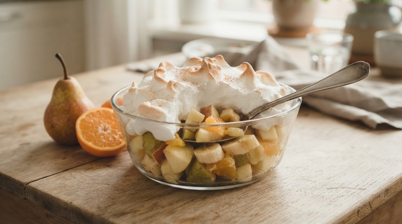 Fruitsalade met een sneeuwdakje