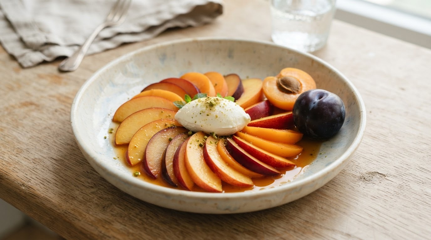 Fruitsalade met nectarines, pruimen, abrikozen en perziken