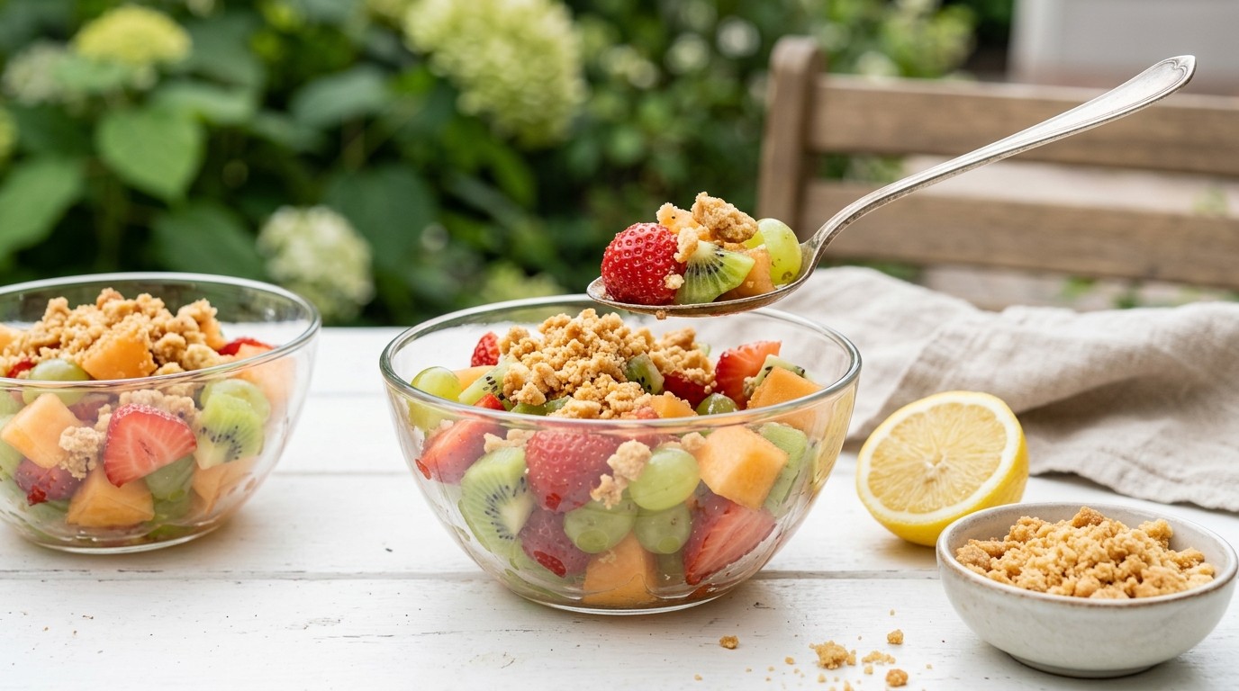 Fruitsalade met zandkoekbrokjes