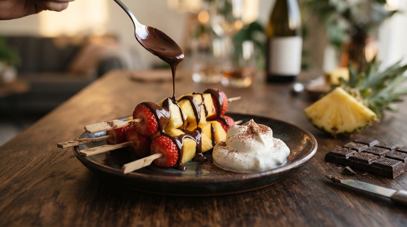 Fruitspiesjes met choco-rumsaus