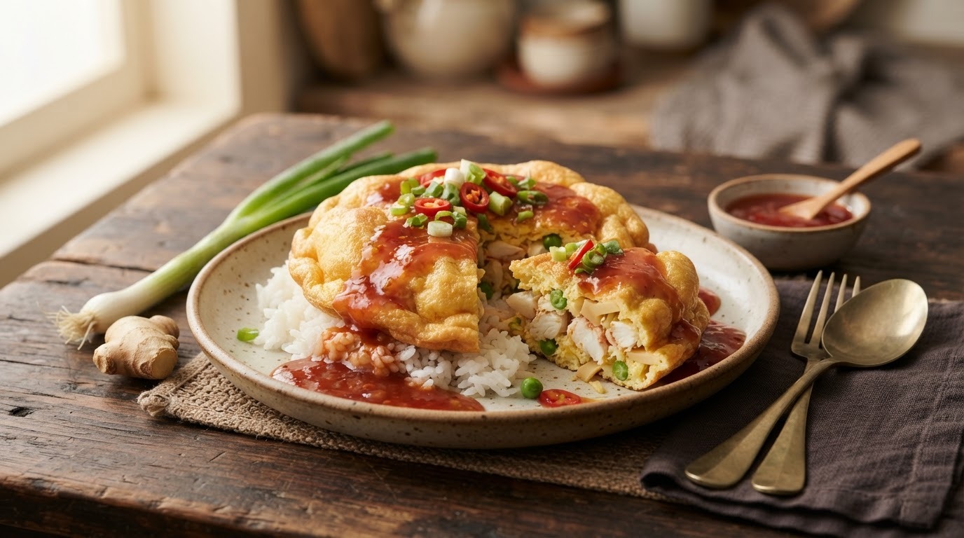 Fu yong hai kepiting (omelet met krab en groente in zoete saus)