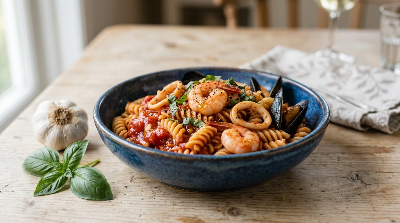 Fusilli met zeevruchten in napolitaanse saus