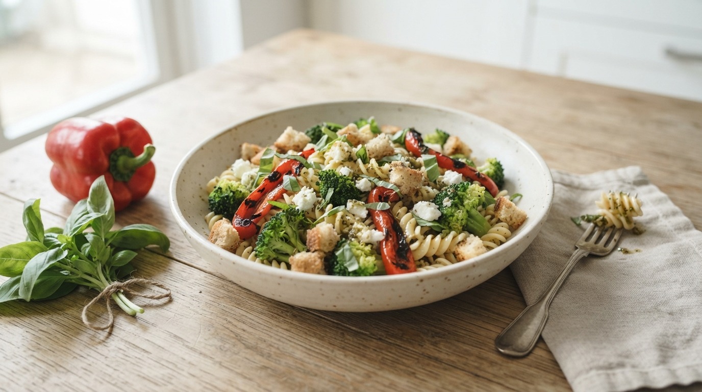 Fusillisalade met geroosterde paprika, broccoli en geitenkaas