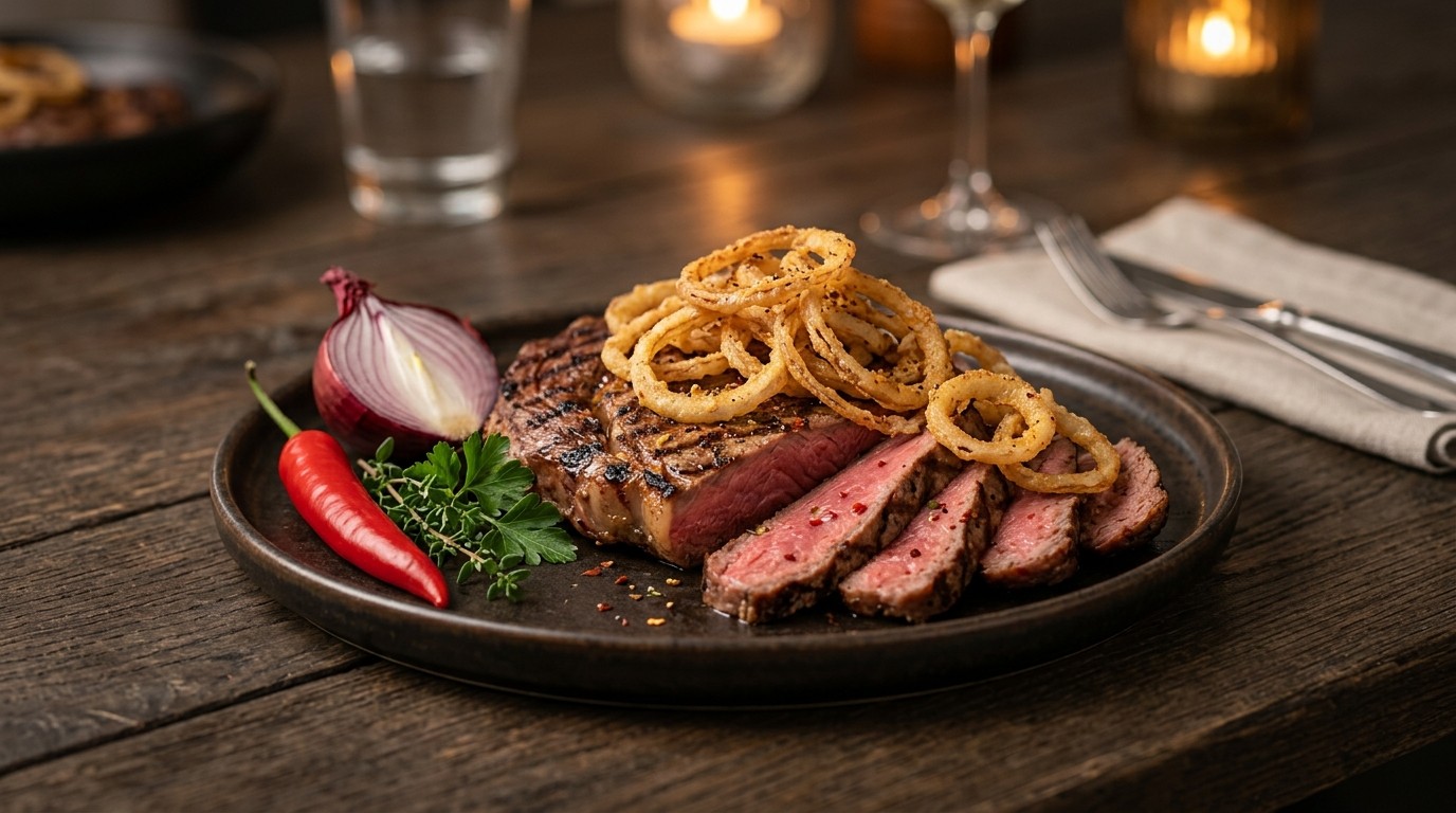 Gamarineerde entrecote met uienringen