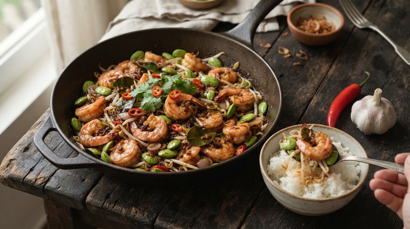 Garnalen, petehbonen en taugeh