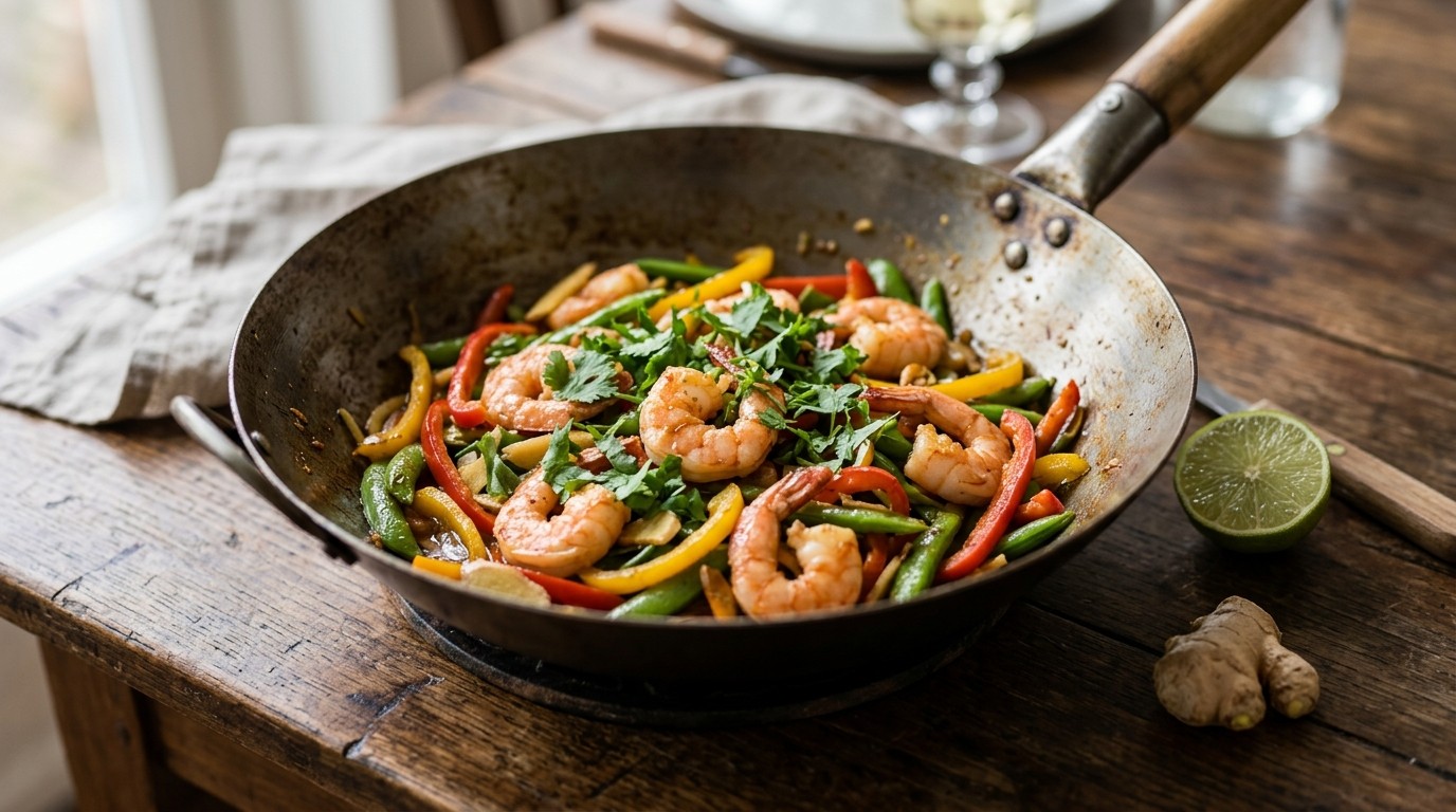 Garnalen uit de wok met Paprika, Sugar Snaps en Koriander