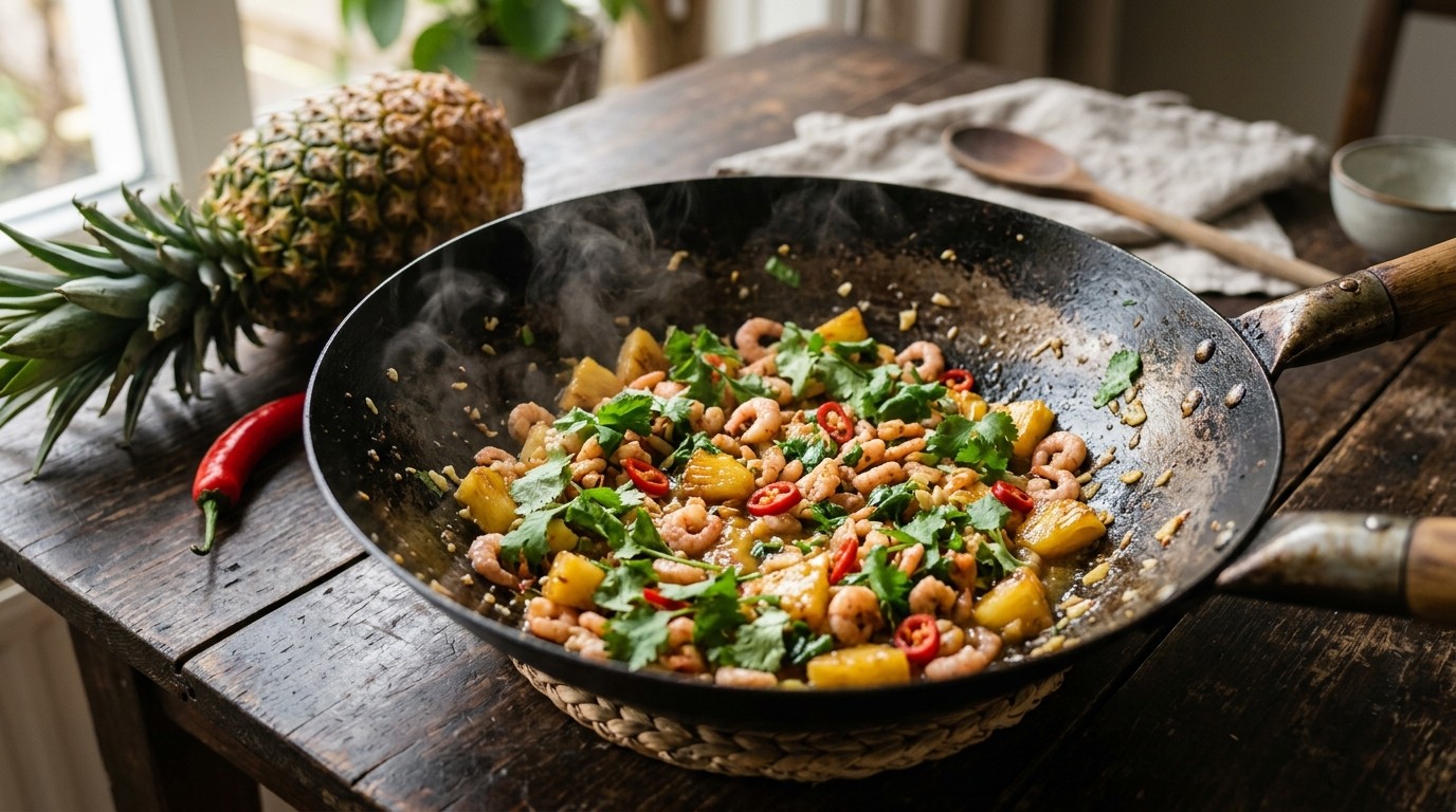Garnalenroerbak met ananas
