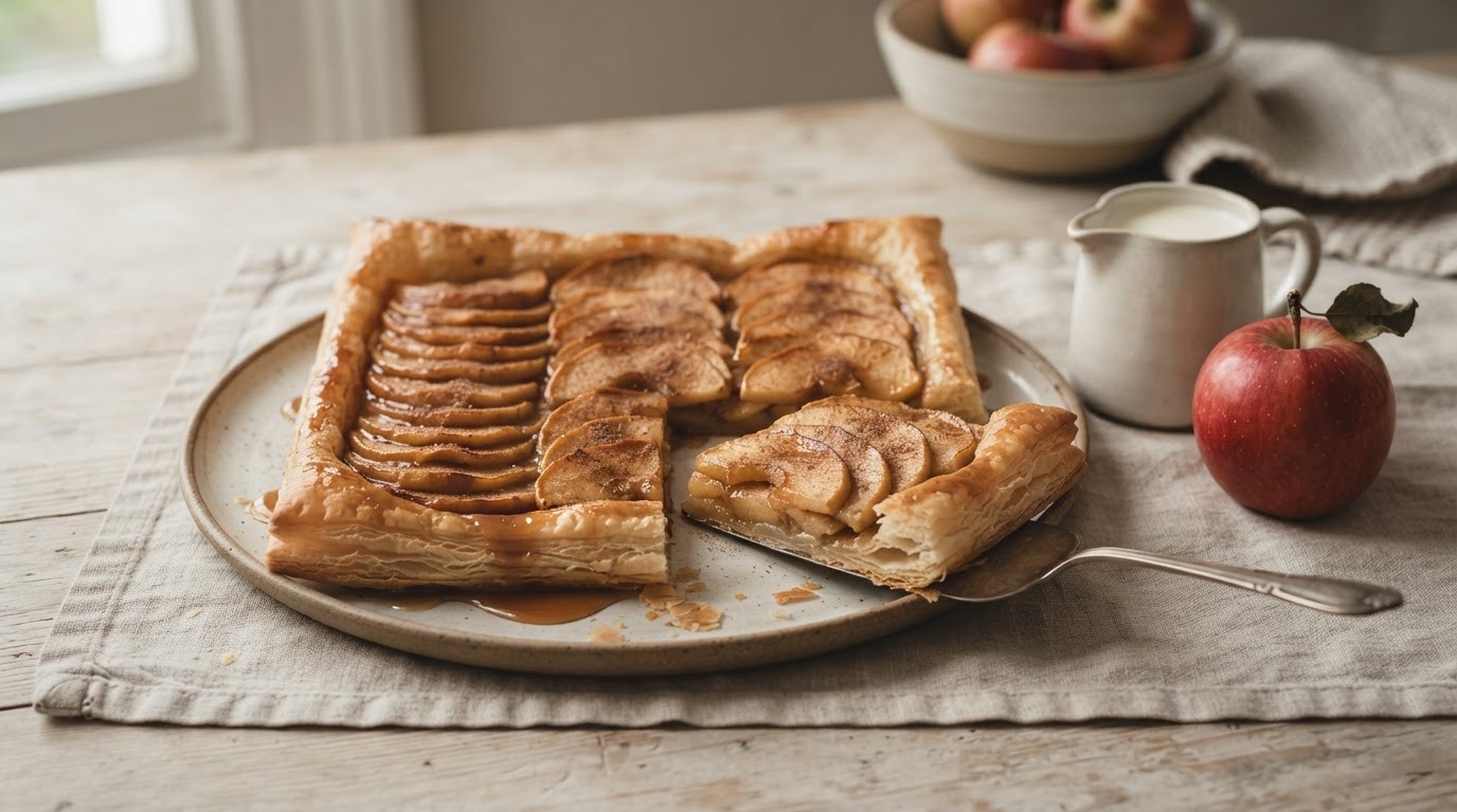 Gebakken appelschijfjes op bladerdeeg