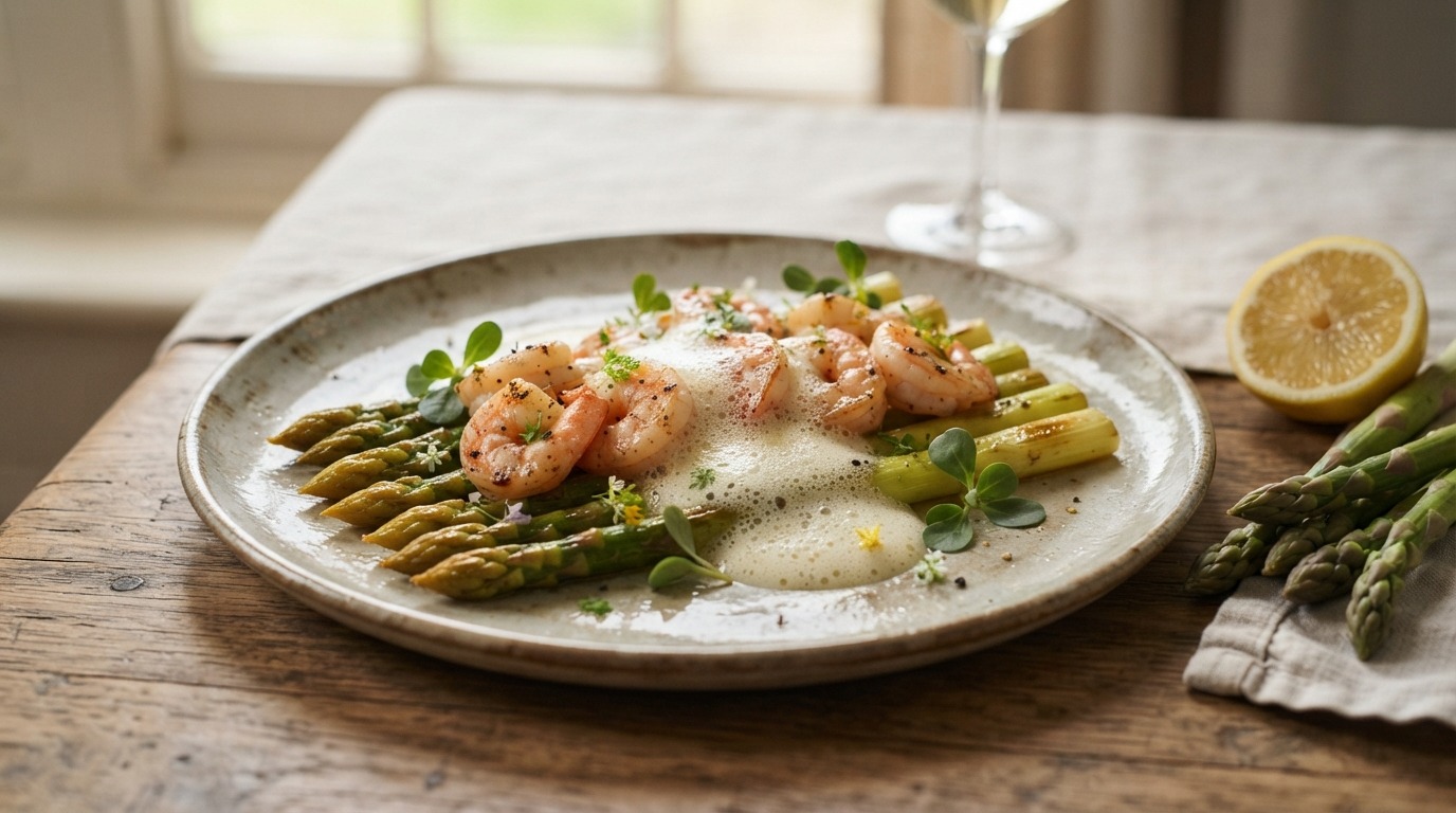 Gebakken asperges en gamba's met sabayon van noilly prat