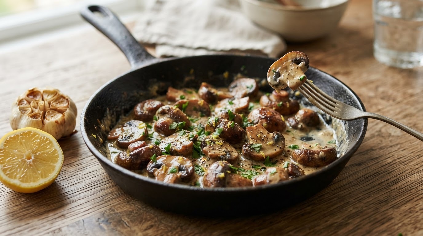 Gebakken champignons met knoflooksaus