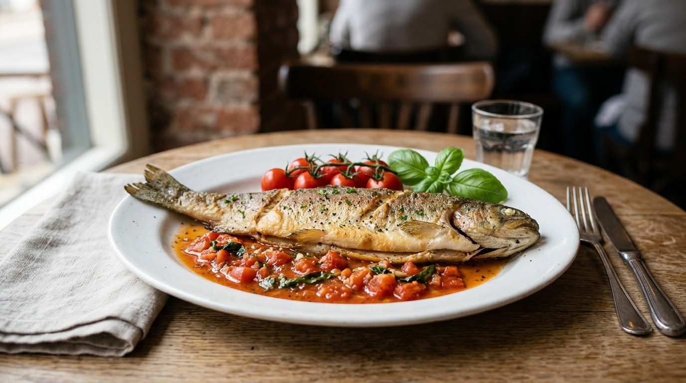 Gebakken forel met tomaten-basilicumsaus