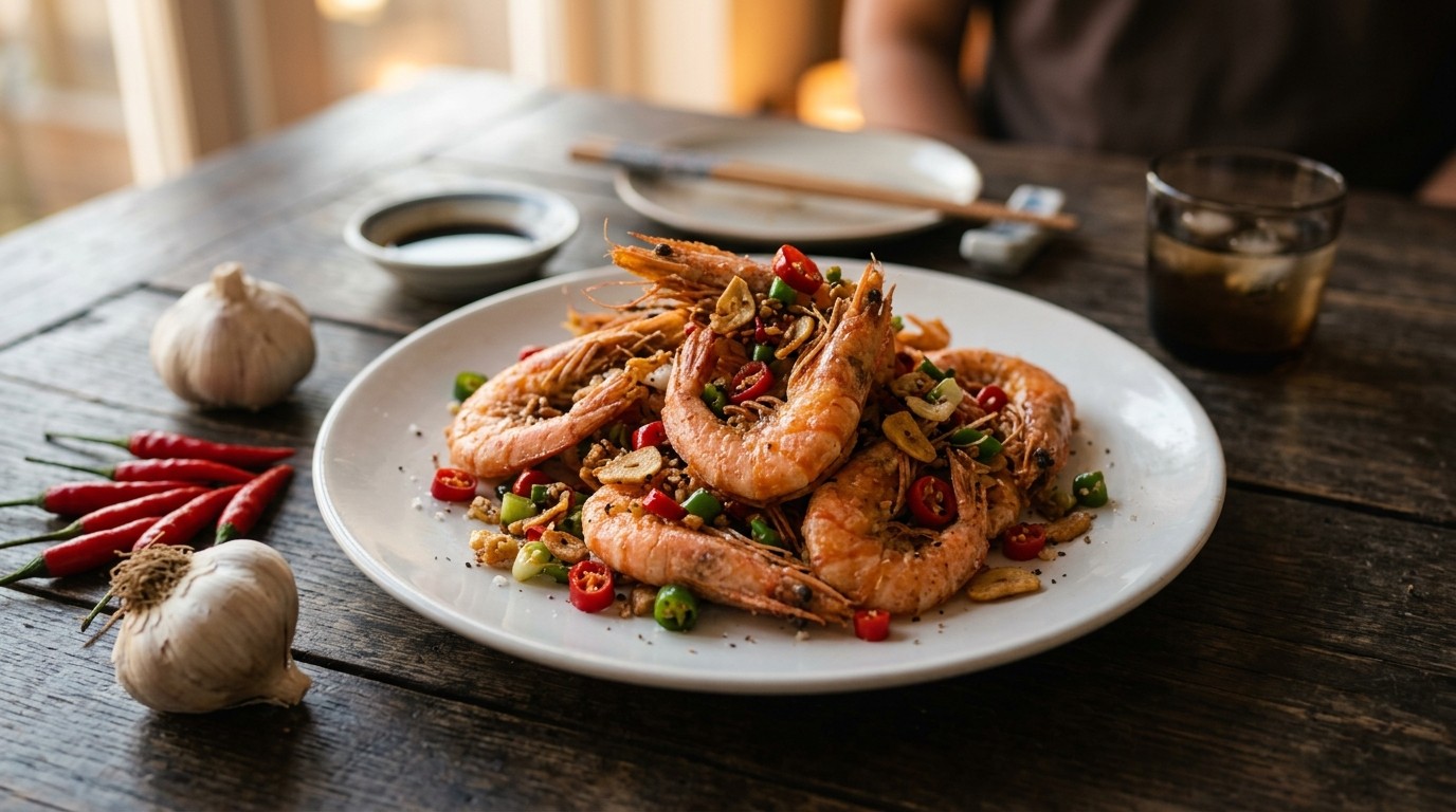 Gebakken Garnalen met Chili-peper en Zout
