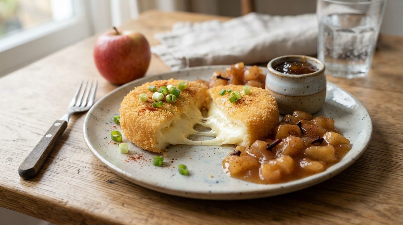 Gebakken kaasplak met pittige appelcompote