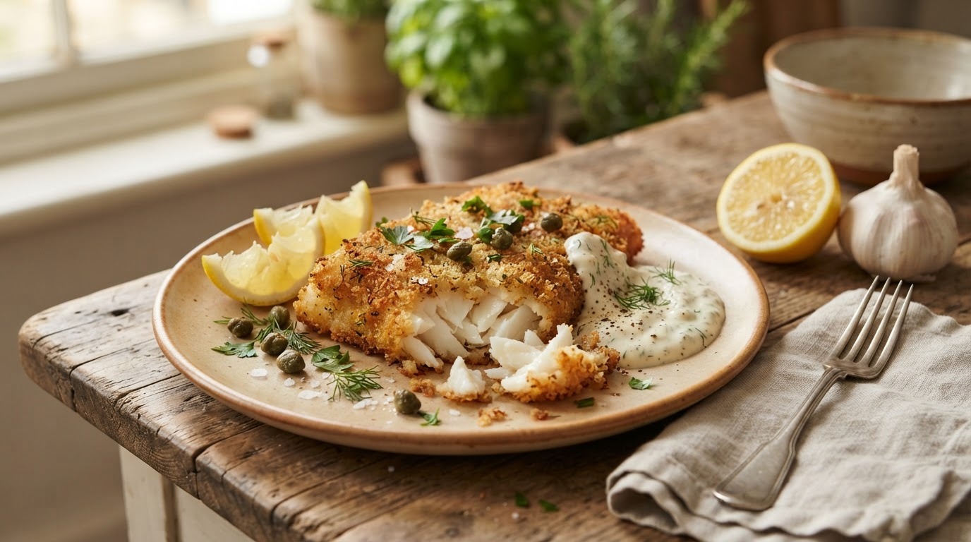 Gebakken kabeljauwfilet met knoflookyoghurt