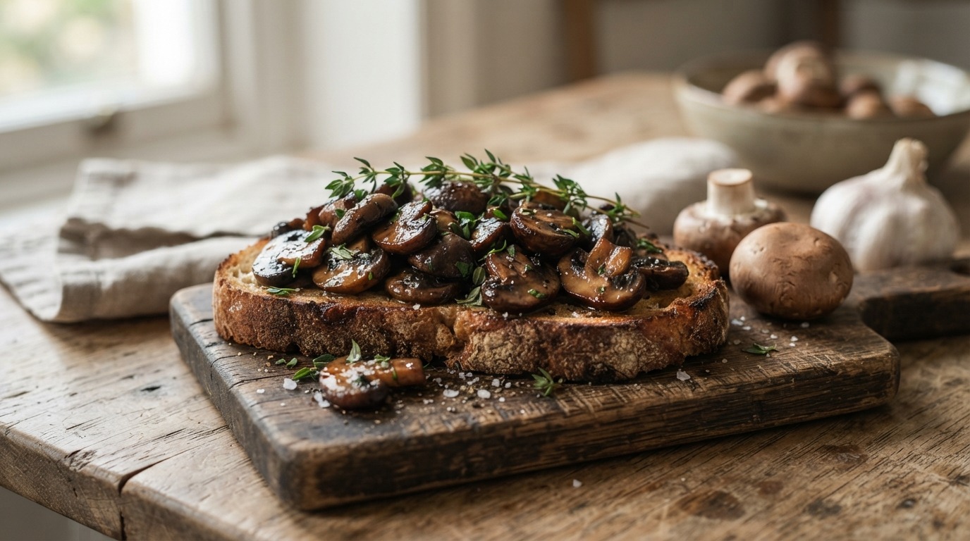Gebakken kastanjechampignons op toast