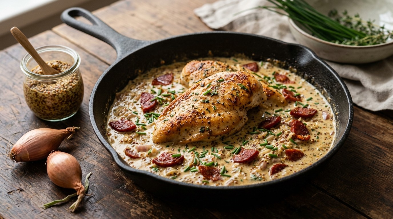 Gebakken Kipfilet met Chorizo in Romige Mosterdsaus