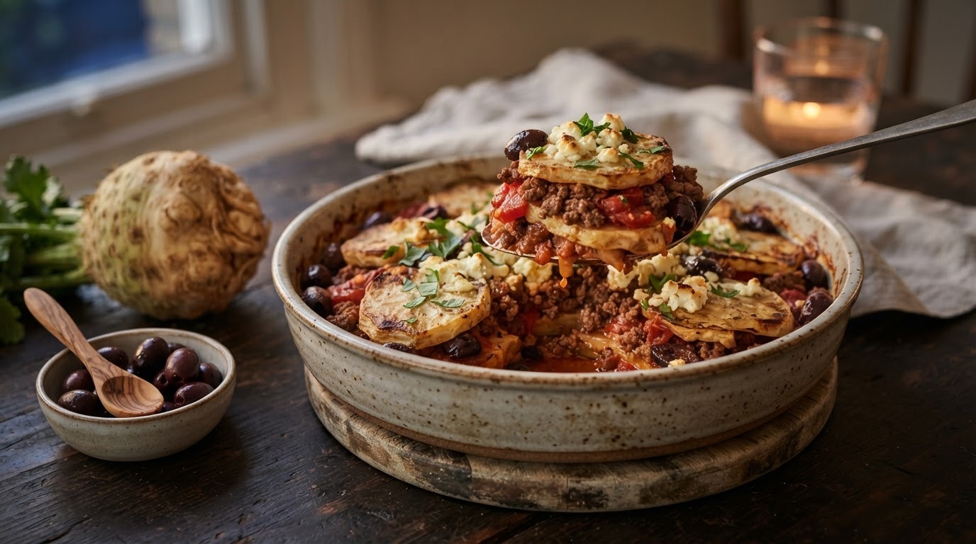 Gebakken knolselderij met gehakt, tomaten, olijven en knoflook