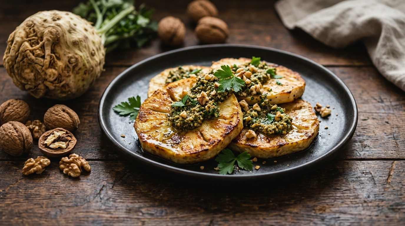 Gebakken Knolselderij met Walnotenpesto