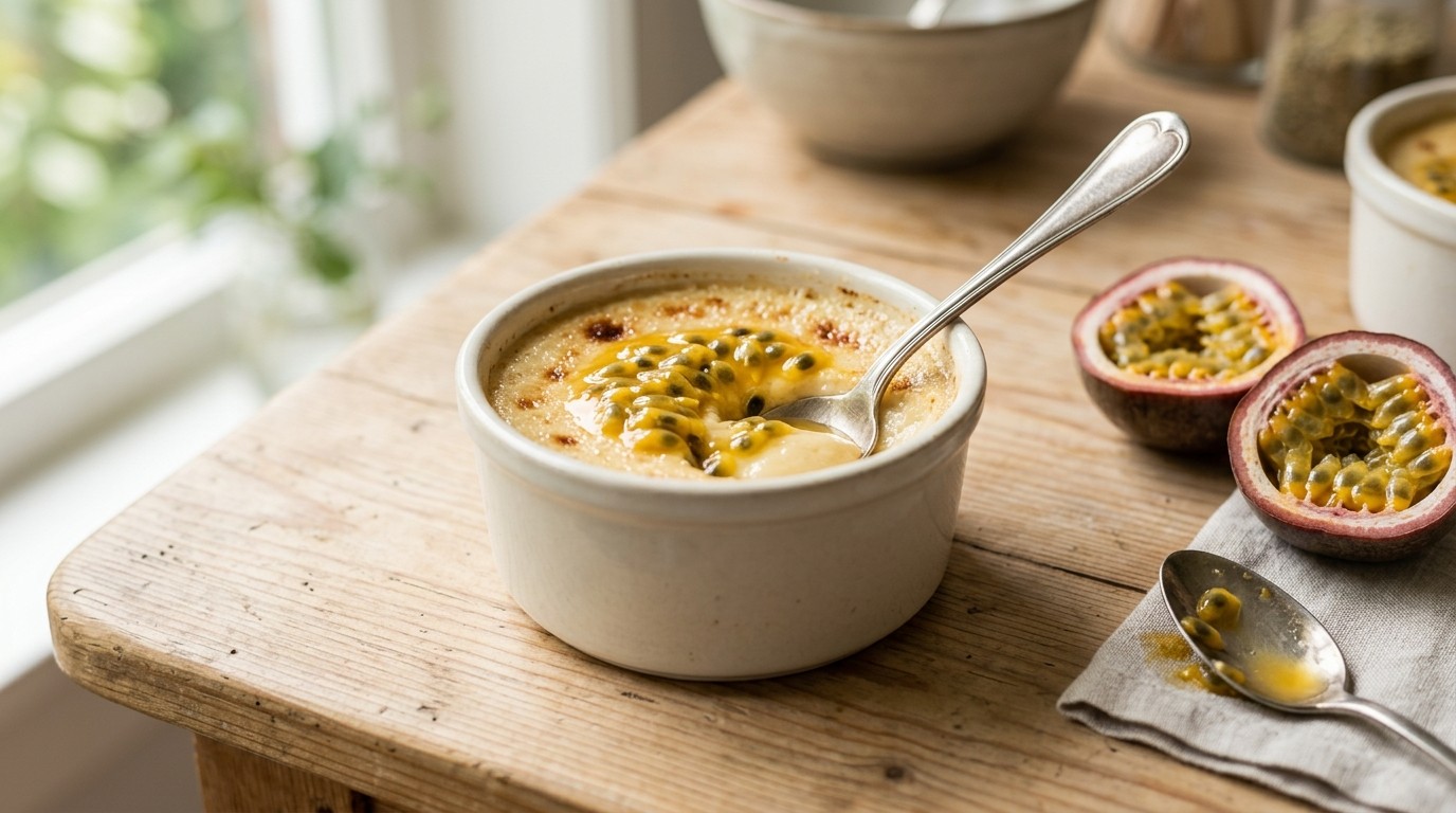 Gebakken kokostoetje met passiefruit