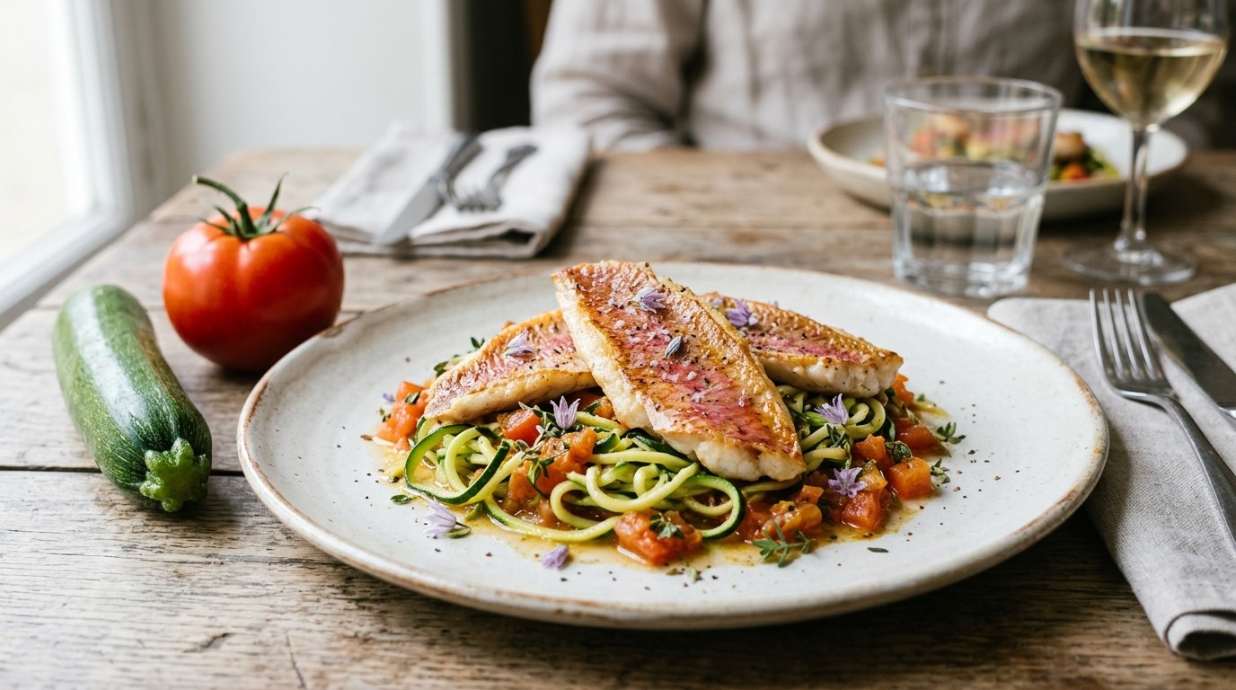 Gebakken mul met Courgette en Tomaat