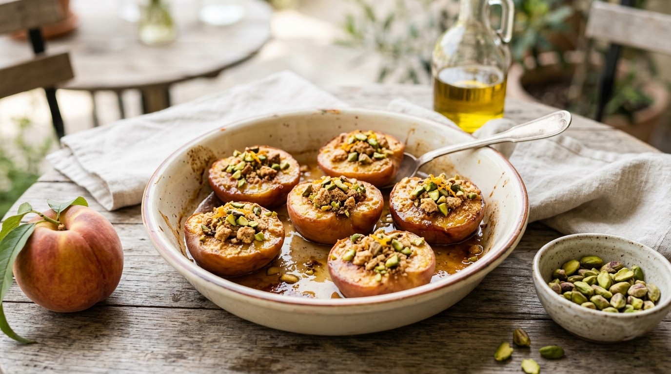 Gebakken perziken met pistachenoten