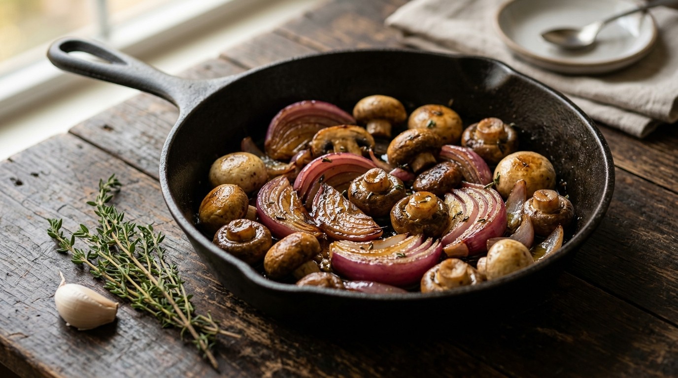 Gebakken rode ui met champignons