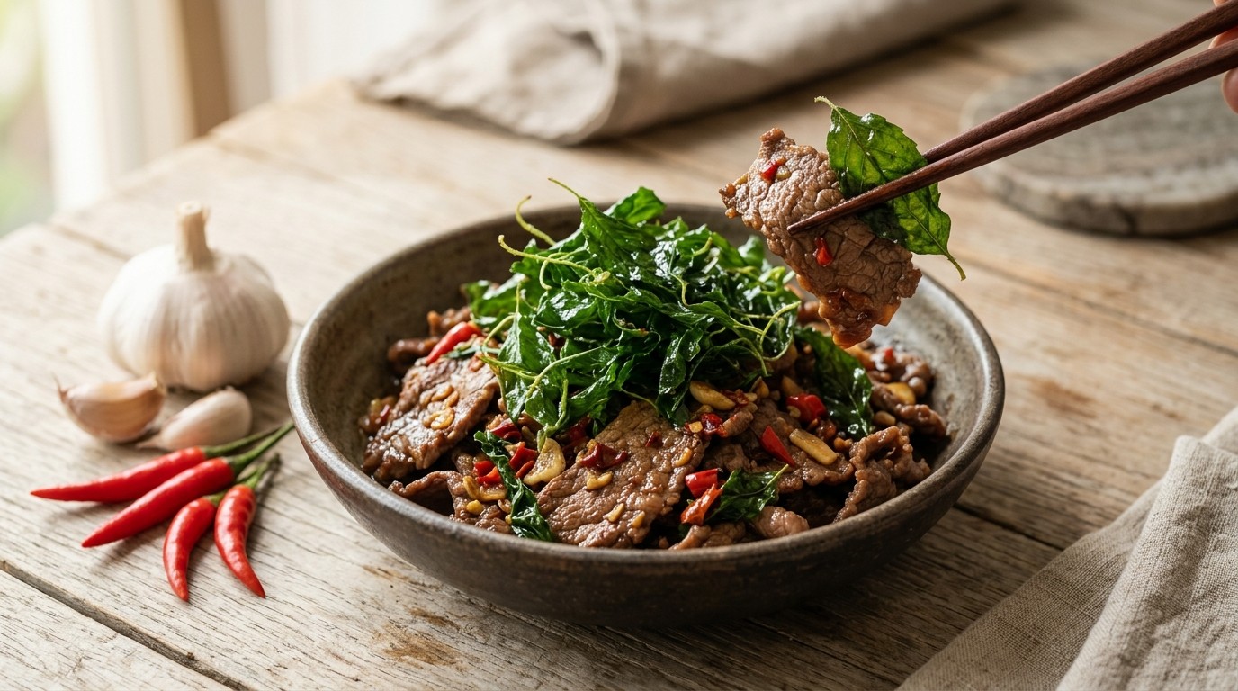 Gebakken rundvlees met basilicum