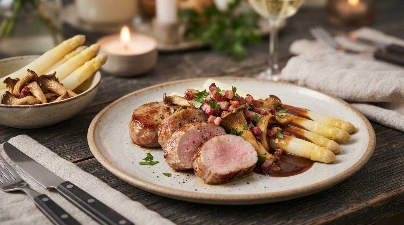 Gebakken varkensoesters, witte asperges, madeirasaus met oesterzwammen en gerookt spek