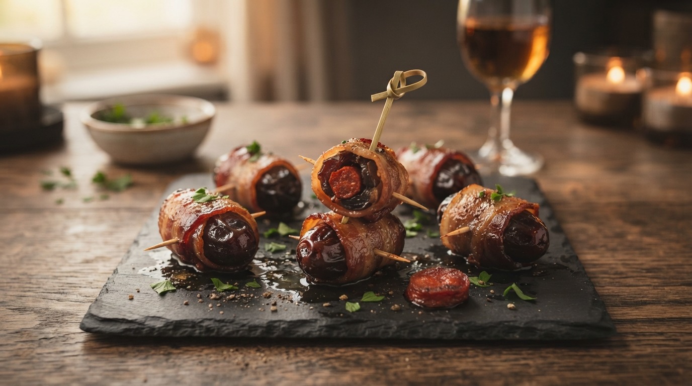 Gefrituurde dadels met chorizo en spek