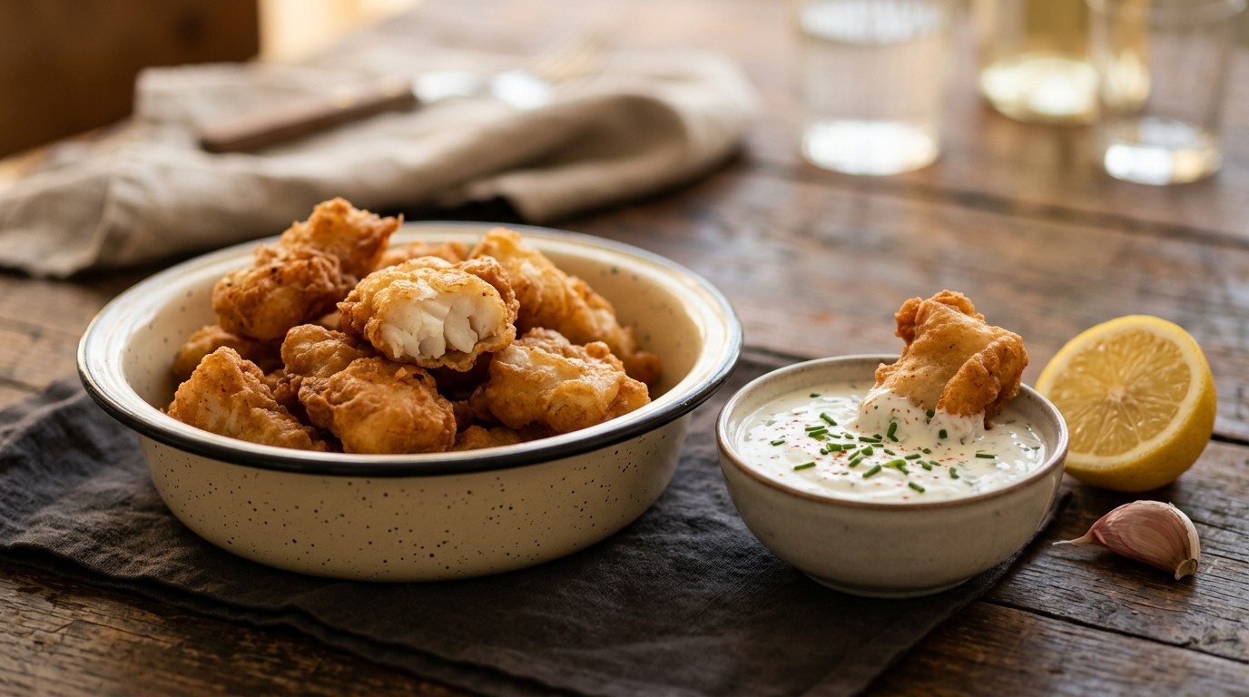 Gefrituurde kabeljauw met yoghurt-bieslooksaus