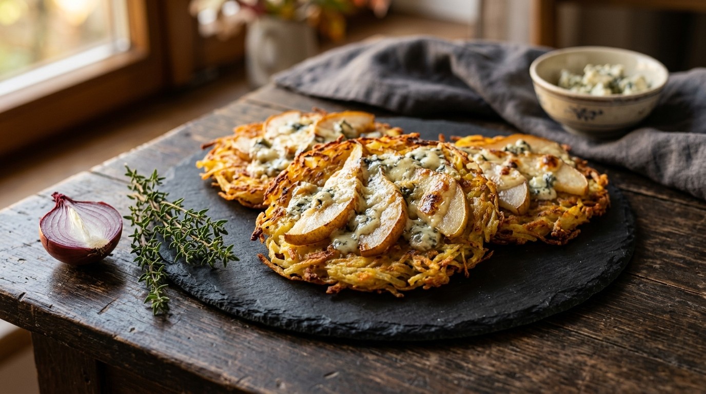 Gegratineerde Aardappelkoekjes met Peer en Kaas