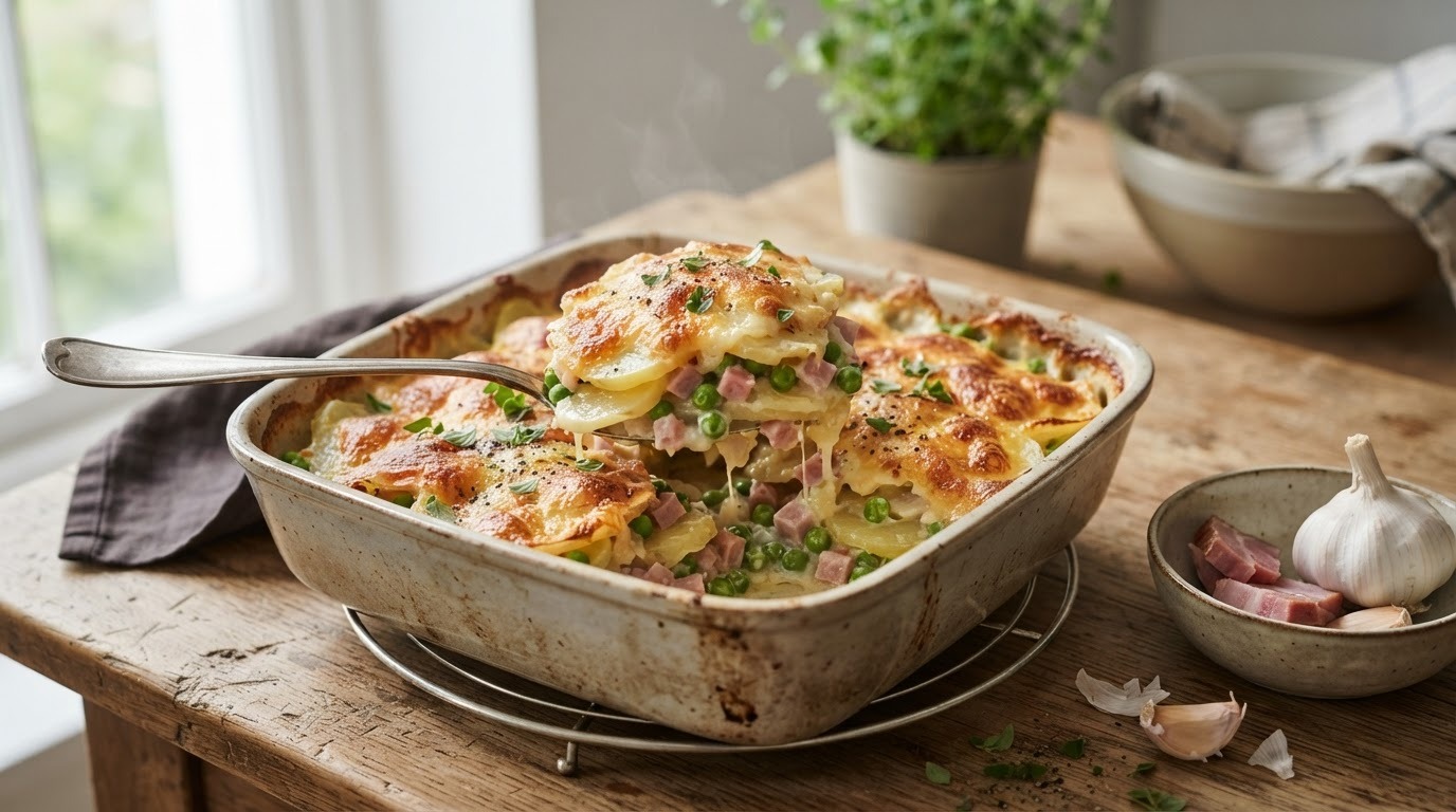 Gegratineerde aardappelschotel met erwtjes en ham