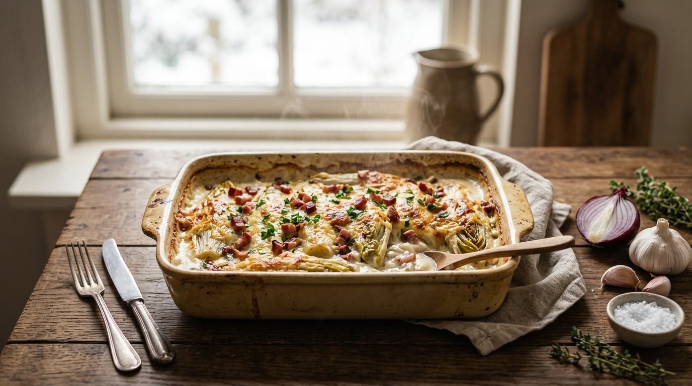 Gegratineerde andijvie met spekjes