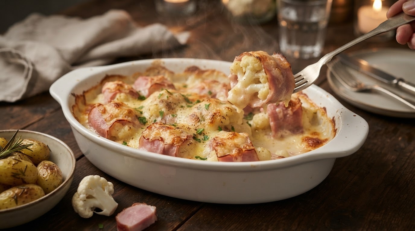 Gegratineerde bloemkool met ham
