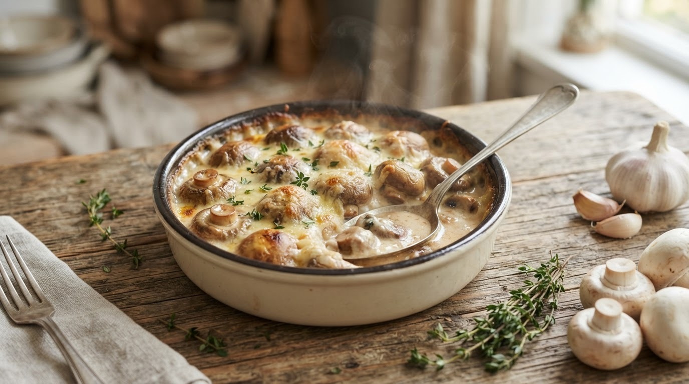 Gegratineerde champignons in room-wijnsaus