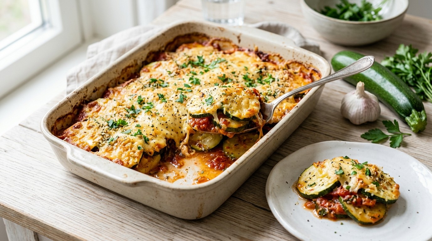 Gegratineerde courgette met geraspte belegen kaas