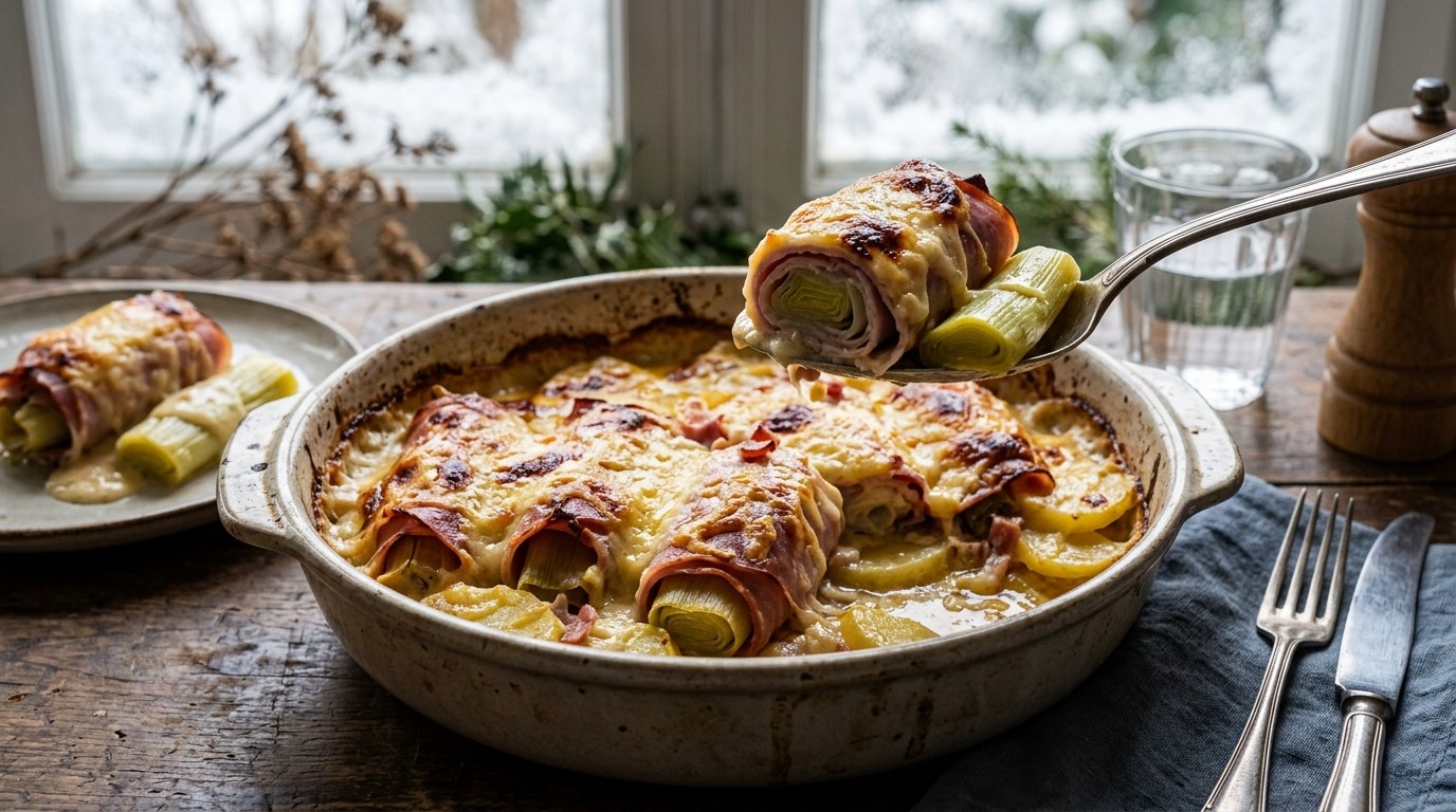 Gegratineerde Ham-preirolletjes
