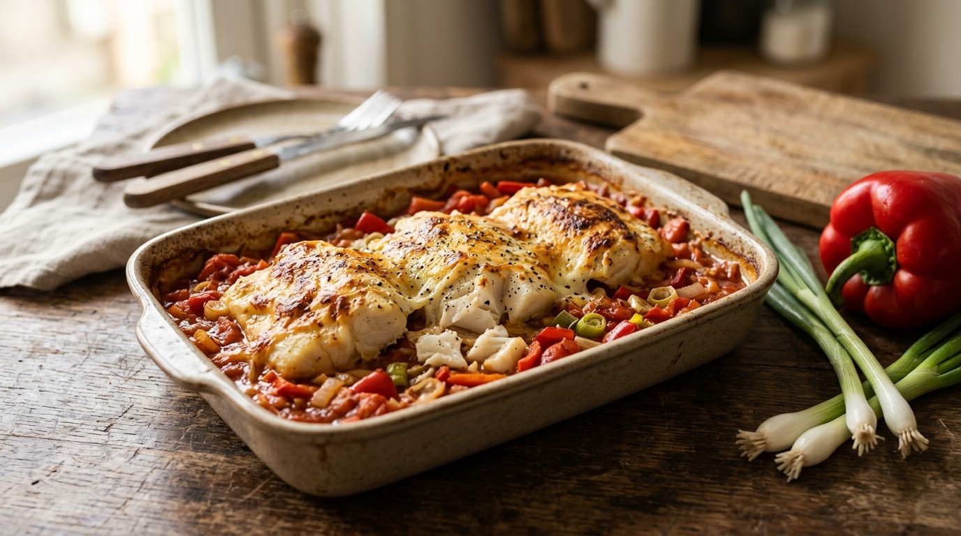 Gegratineerde kabeljauw met tomaat en paprika