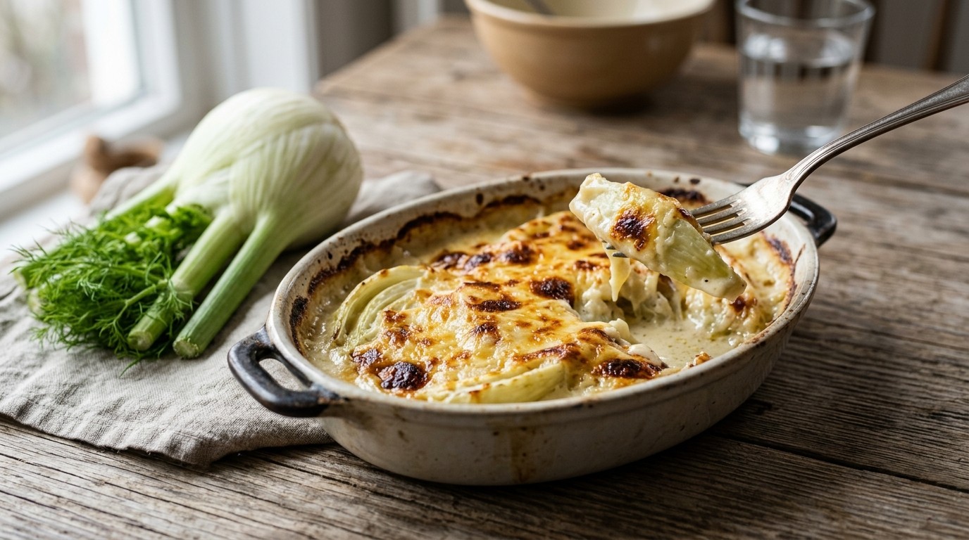 Gegratineerde venkel met geraspte belegen kaas