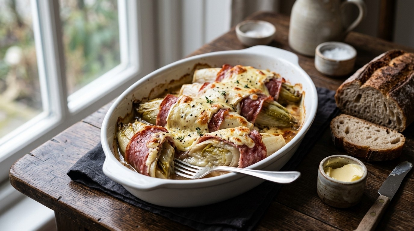 Gegratineerde witlof met salami en brie