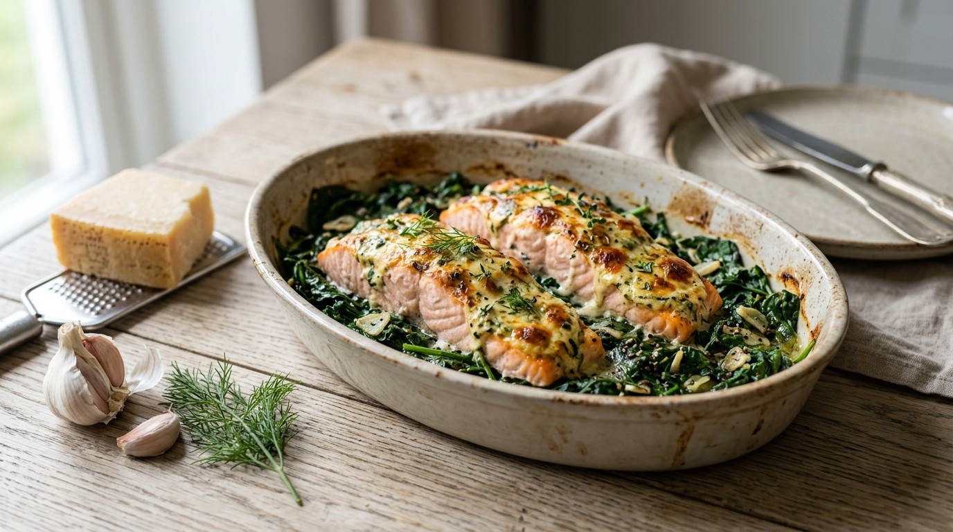 Gegratineerde Zalm met Spinazie