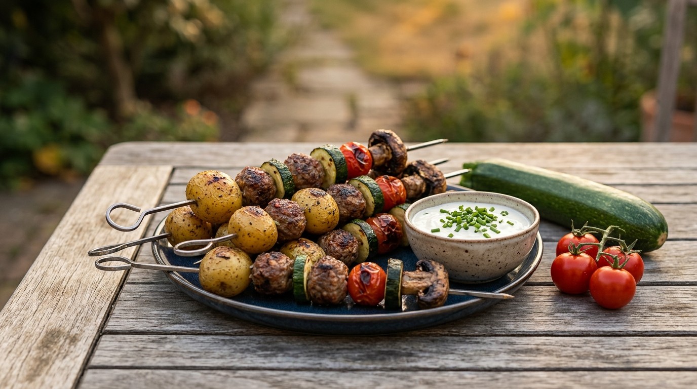 Gegrilde aardappelgehaktspiesjes