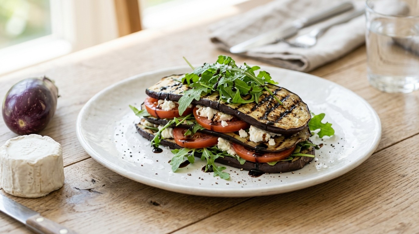 Gegrilde Aubergines met Geitenkaas, Tomaat, Rucola en Balsamico Azijn