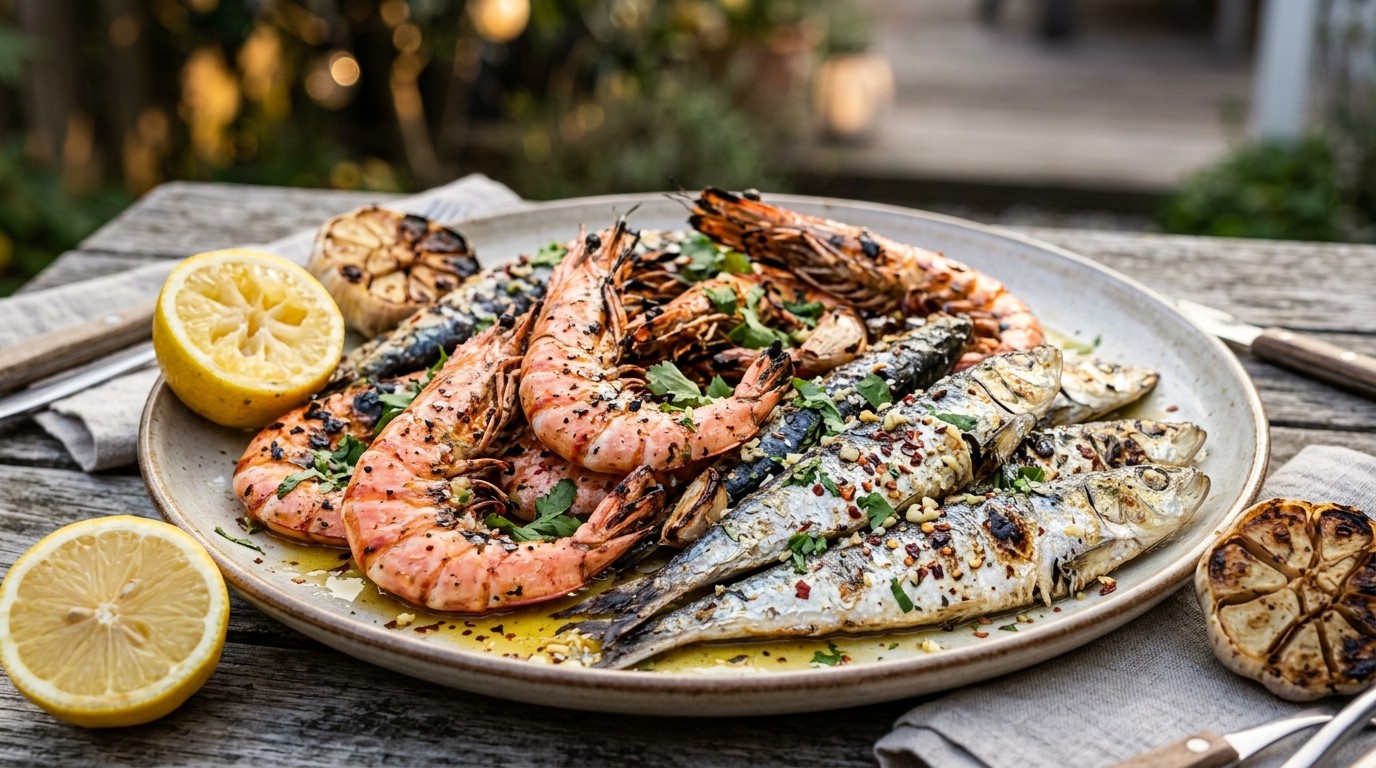Gegrilde gamba's en sardienen met knoflook