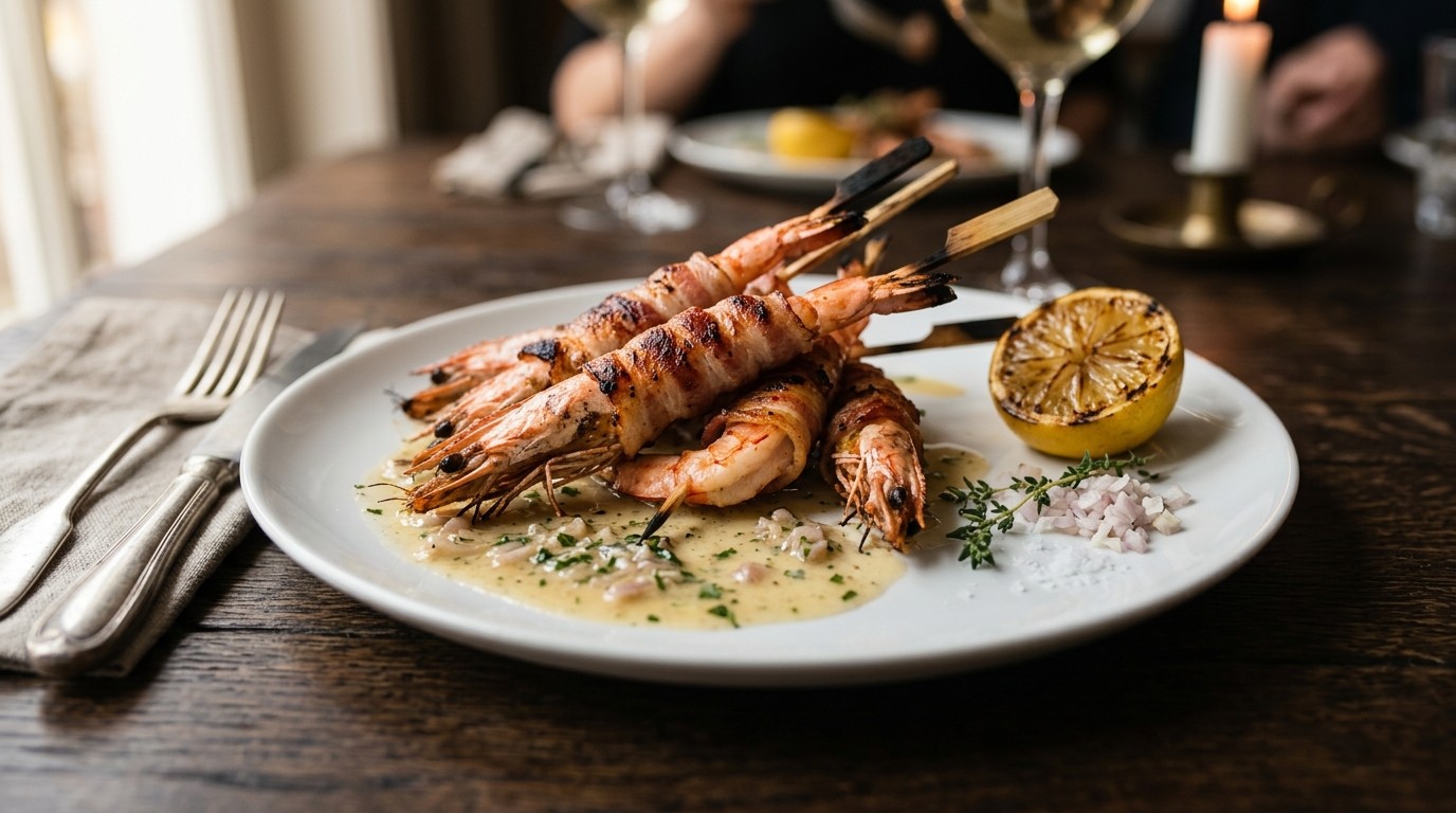 Gegrilde Gamba's met Ontbijtspek