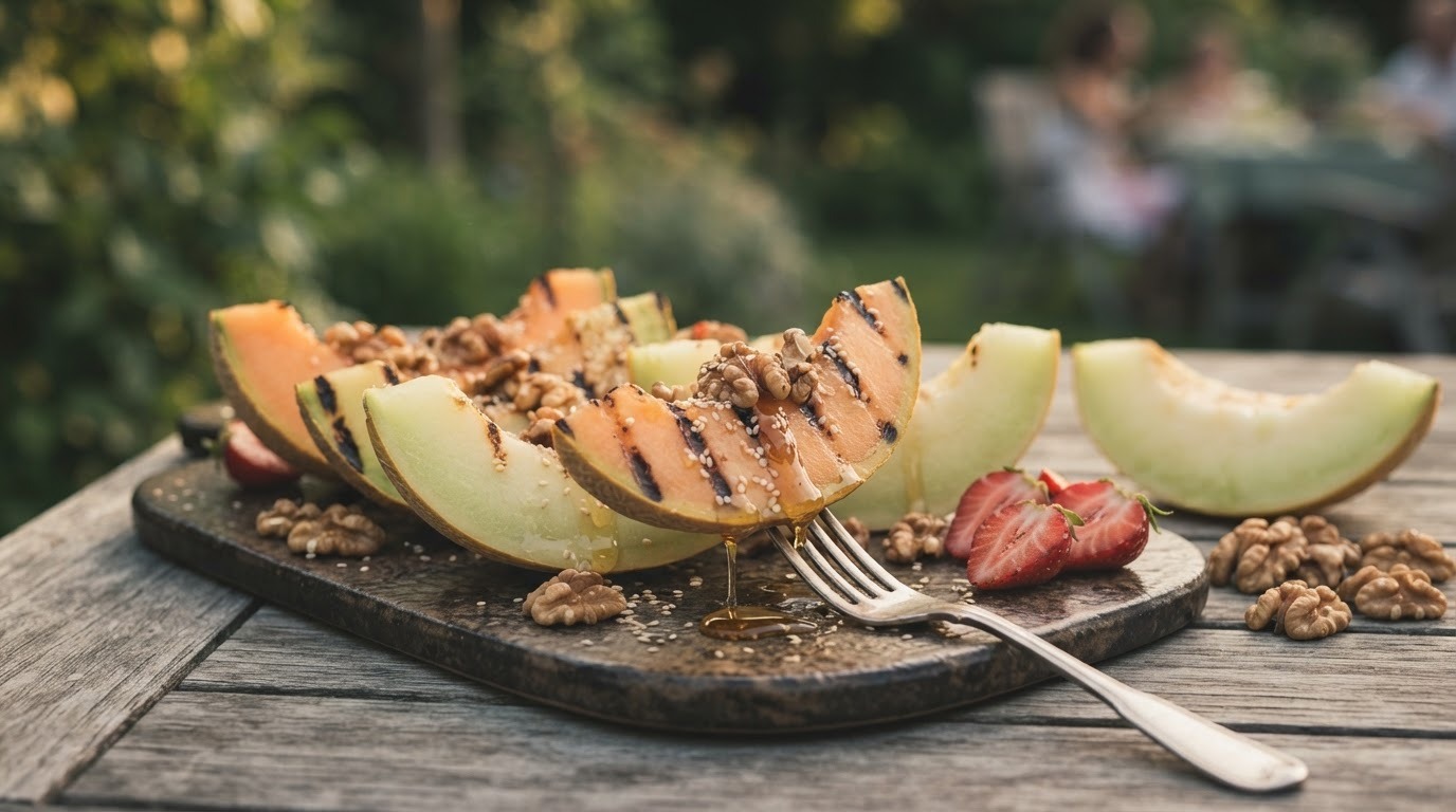 Gegrilde meloen met honing, noten en sesamzaadjes