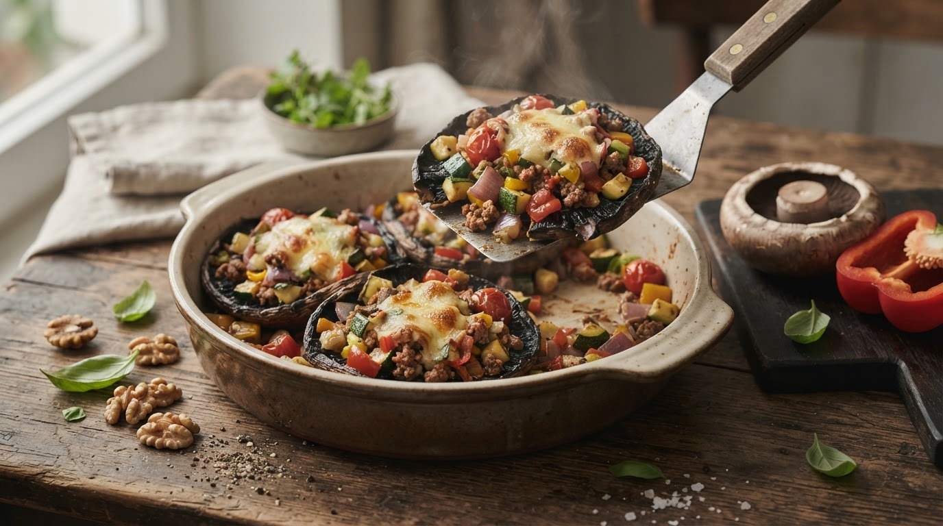 Gegrilde Portabella met roerbakblokjes, groente en kaas